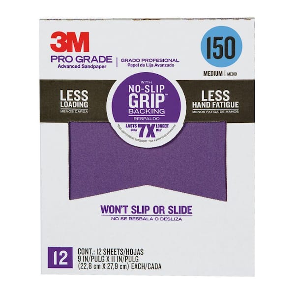 3M Pro Grade 9 in. x 11 in. 150 Grit Medium No-Slip Grip Advanced Sandpaper (12-Pack)