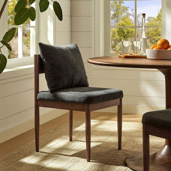 Remington Mid-Century Modern Wood and Fabric Dining Room Side Chair in Charcoal with Open Back and Elm Wood Frame