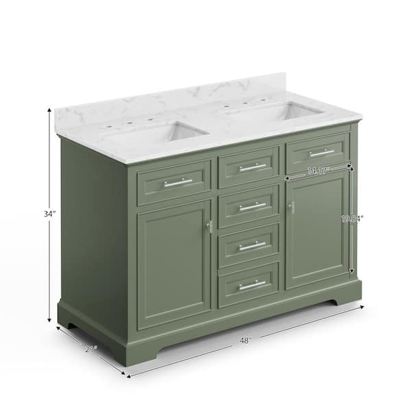 48 in. Green Wood Double Sink Freestanding Bathroom Vanity with White Ceramic Top
