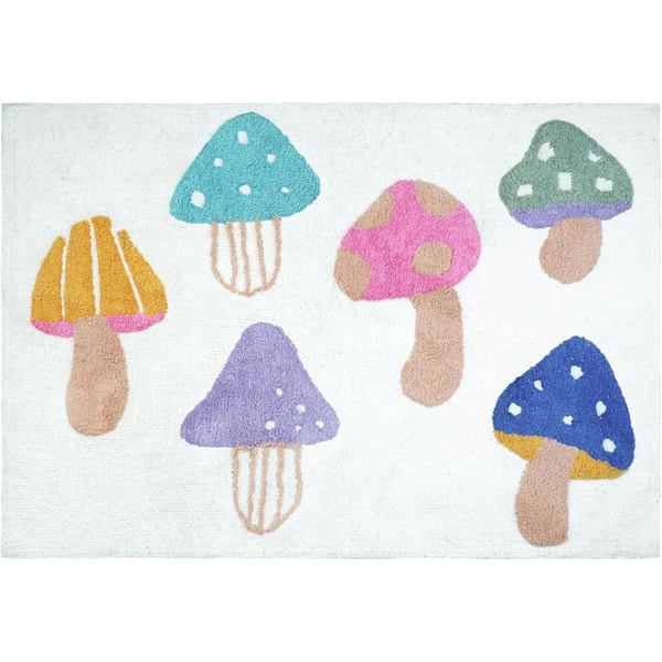 3 ft. x 4 ft. White Blue And Green Mushrooms Youthful Washable Area Rug