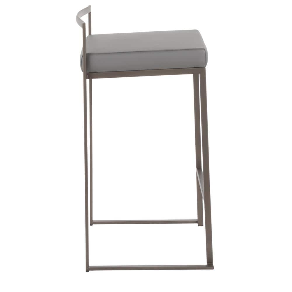 Antique Metal and Grey Faux Leather Stackable Counter Stools, Set of 2