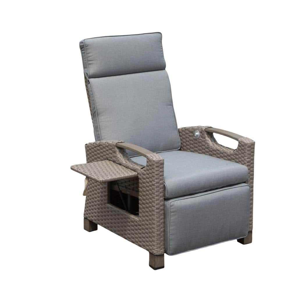 Wicker Outdoor Recliner Chair With 6.8 In. Thickness Gray Cushion, Flip Tab