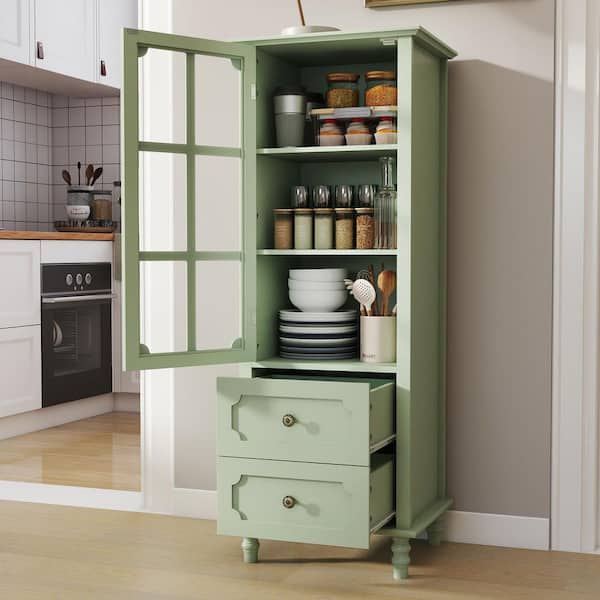 Nell Mint Green Wood 52.4 in. Minimalism Buffet Cabinet with Glass Door and Double Drawers, Modern Wooden Storage