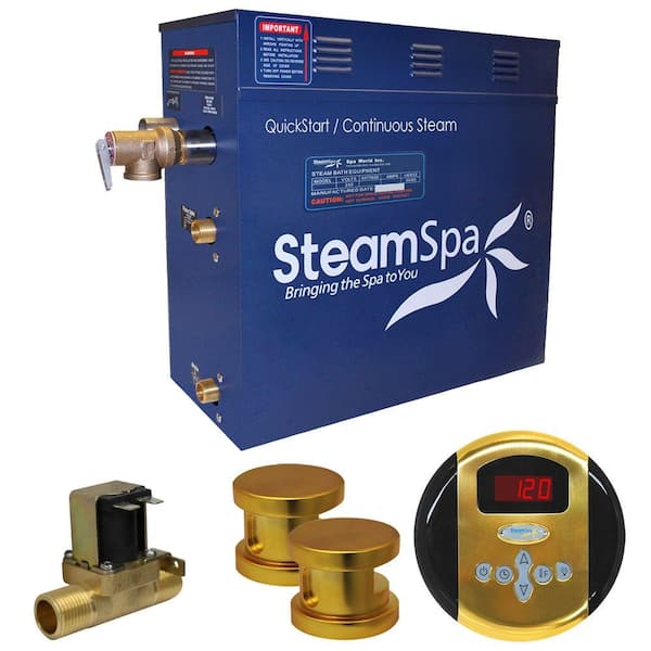 SteamSpa Oasis 12kW QuickStart Steam Bath Generator Package with Built-In Auto Drain in Polished Gold