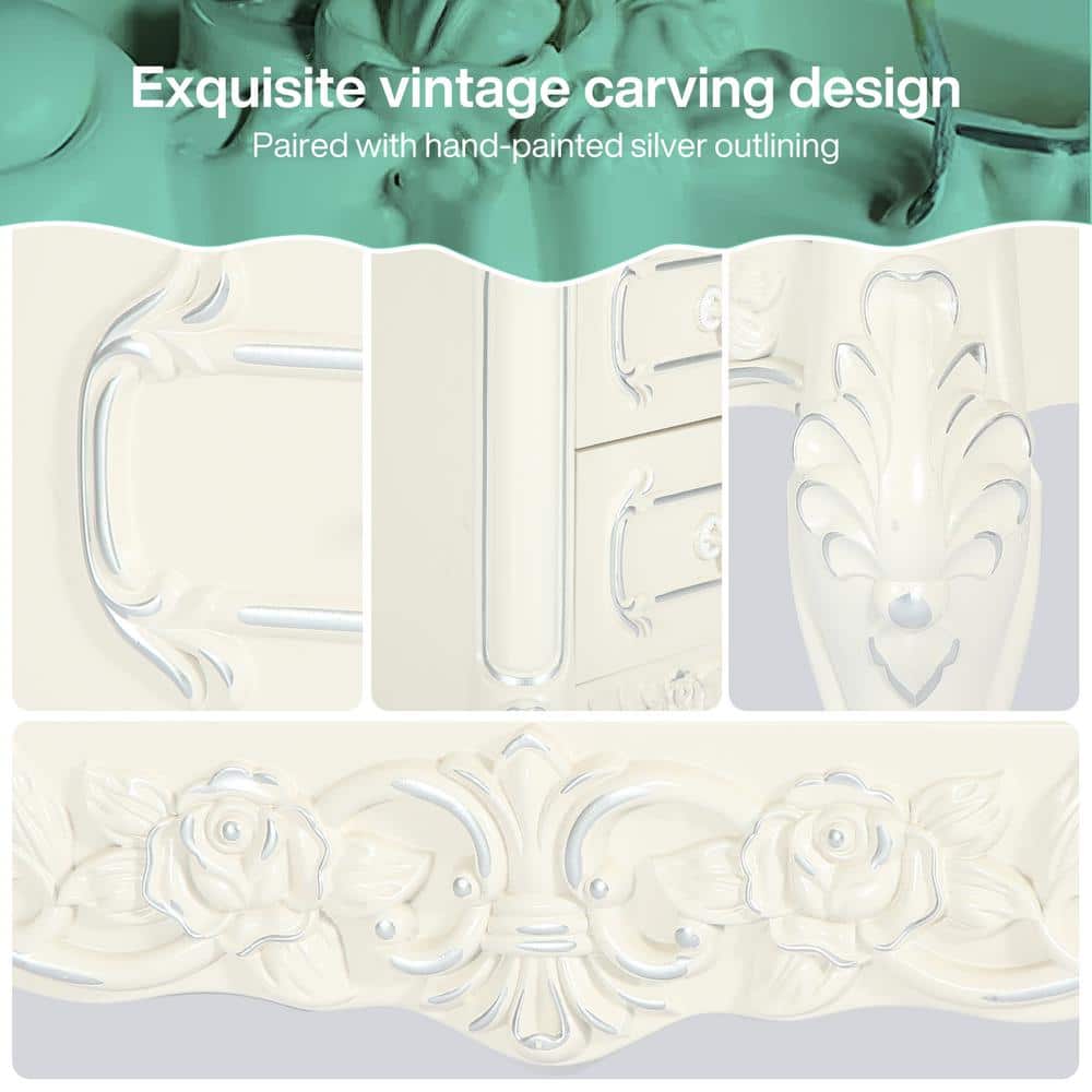 Cream White Carved Wood Nightstand with Silver Accents and 2 Drawers