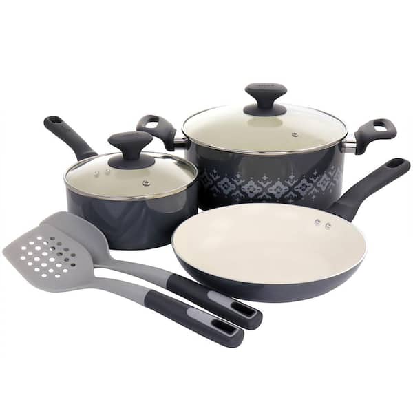 Spice BY TIA MOWRY Savory Saffron 7-Piece Ceramic Nonstick Aluminum Cookware  Set with Nylon Utensils in Teal 985118133M - The Home Depot