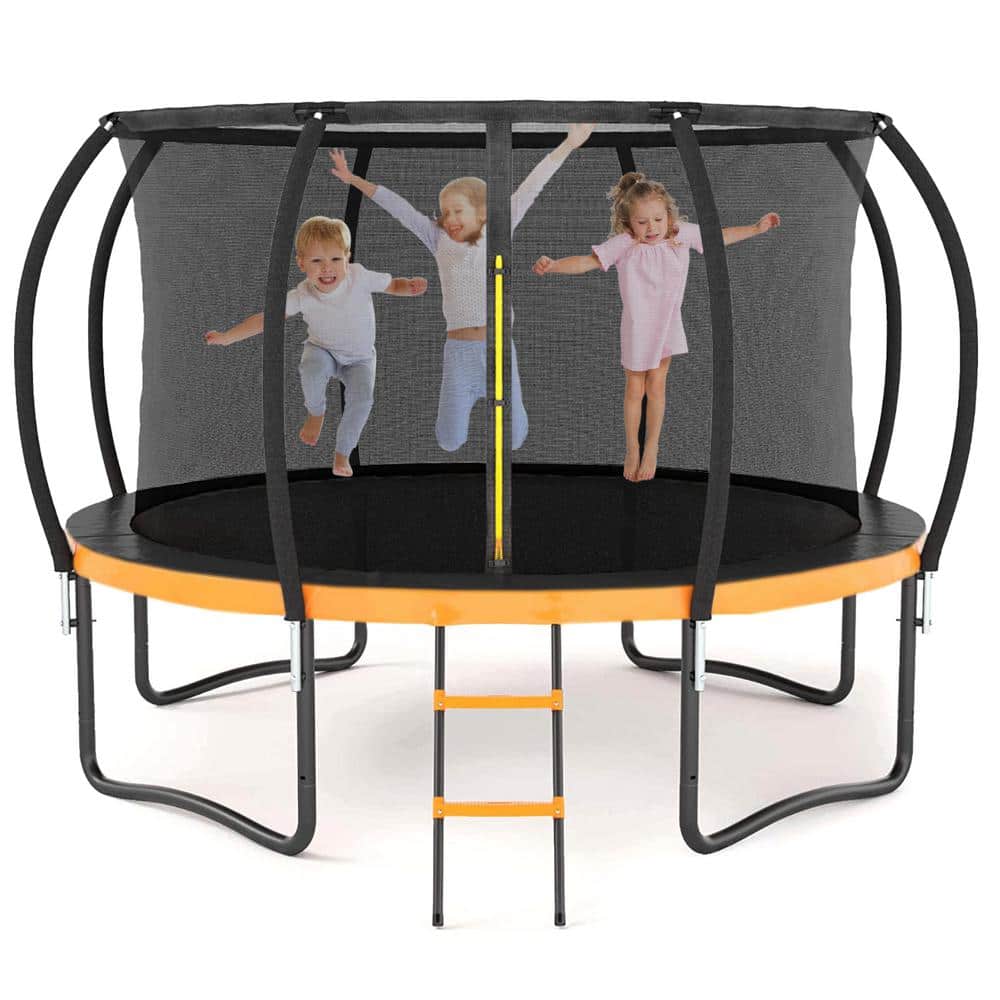 12 FT Black and Orange Outdoor Trampoline with Safety Enclosure and Ladder