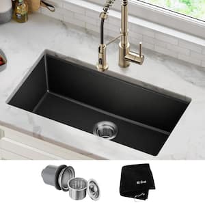 Undermount Granite Composite 32 in. Single Basin Kitchen Sink Kit in Black