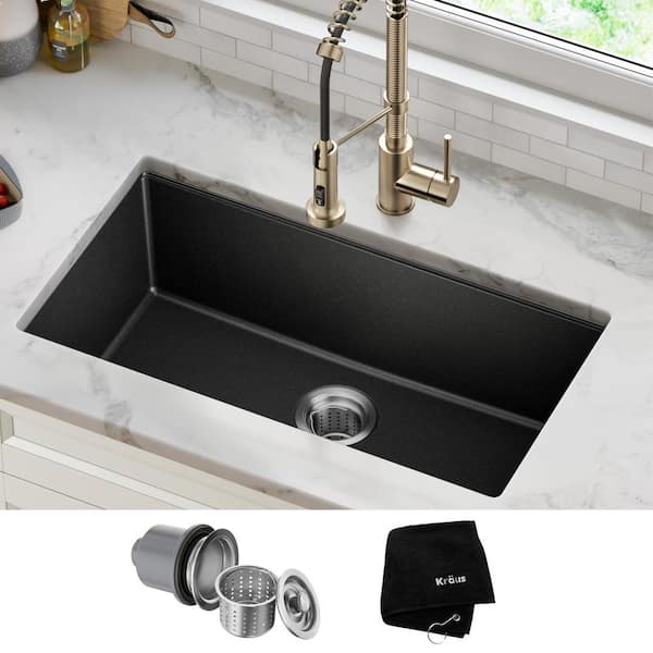 Undermount Granite Composite 32 in. Single Basin Kitchen Sink Kit in Black