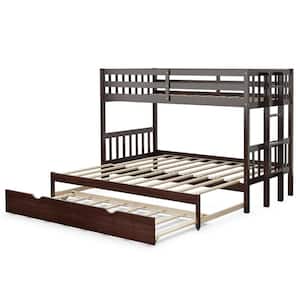 Brown Twin Over Twin Pull-Out Bunk Bed with Trundle Wooden Ladder