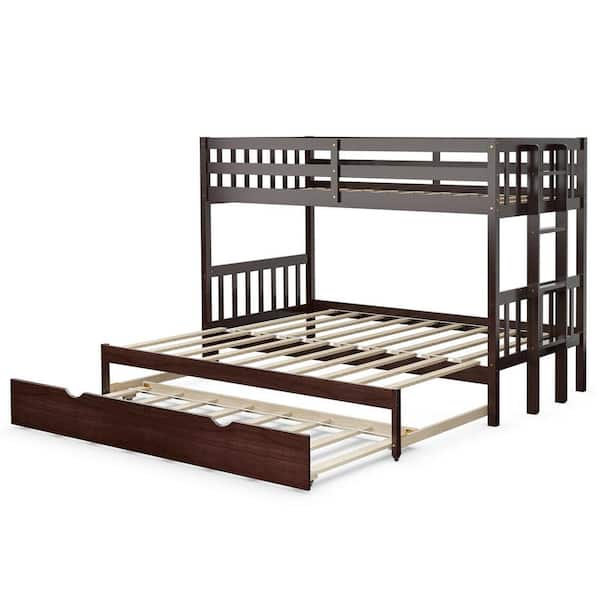 Costway Brown Twin Over Twin Pull-Out Bunk Bed with Trundle Wooden Ladder