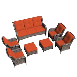 Brown 7-Piece Wicker Outdoor Patio Conversation Sofa Set with Orange Cushion