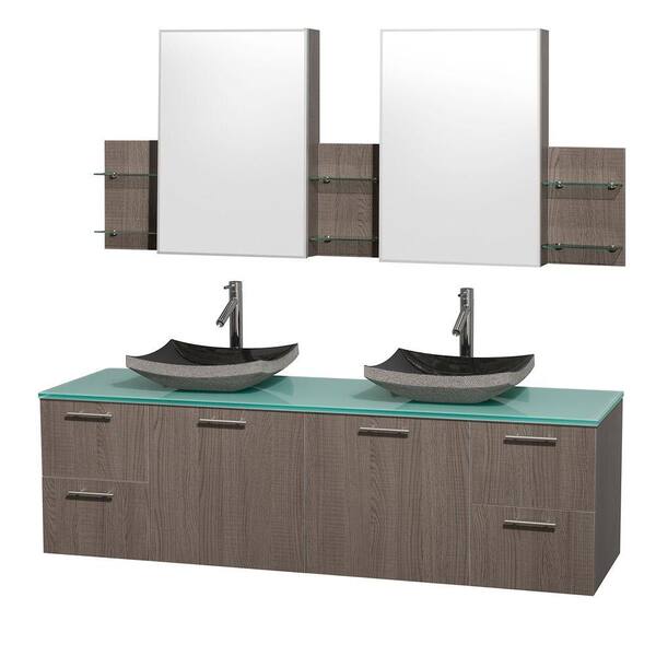 Wyndham Collection Amare 72 in. Double Vanity in Grey Oak with Glass Vanity Top in Aqua and Black Granite Sinks