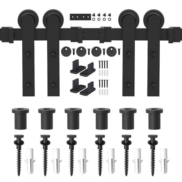 WINSOON 9 ft./108 in. Frosted Black Strap Sliding Barn Door Track Hardware Kit for Double Wood Doors Non-Routed Floor Guide