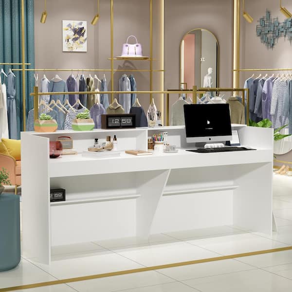 86.6 in. W White Wood Computer Desk, Reception Desk White Writing Desk, Eco-Friendly Paint Finish