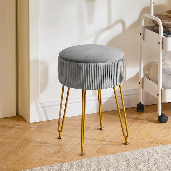 Gray Velvet 18.9 in. Tall Makeup Vanity Stool with Storage, Footrest Stool with Golden Steel Legs & Removable Cover
