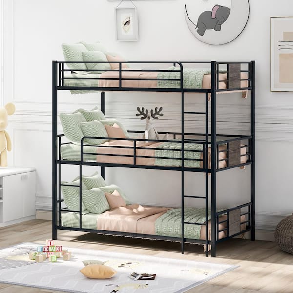 JASMODER Convertible Twin Size Triple Bunk Bed, with Wood Decoration, Gray