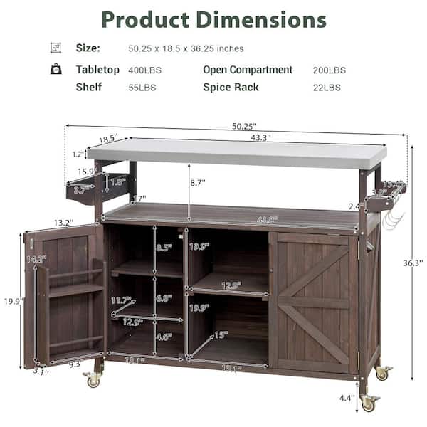 Xzkai Dark Brown Wood 50 in. Kitchen Island with 5 Wheels, Wood Outdoor Grill Table, Spice Rack, Stainless Steel Top
