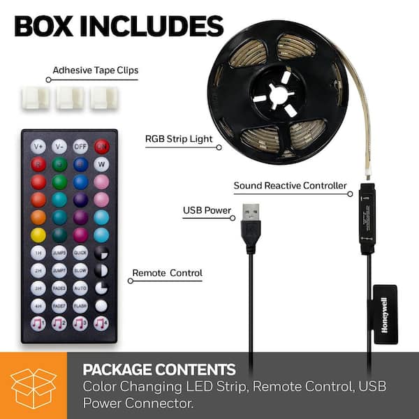 Sherlock Holmes klon Sygdom Honeywell 8.2 ft. USB Powered LED RGB Strip Lights for Home Decor, Mounted  Under Cabinet Lights with Music Sync HW-ST005-999 - The Home Depot