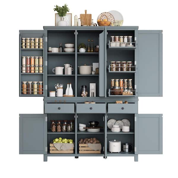 Freestanding MDF Gray 74.8 in. H Storage Cabinet with Pull-out Trays, 7 Adjustable Shelves, 3 Drawers and 6 Doors