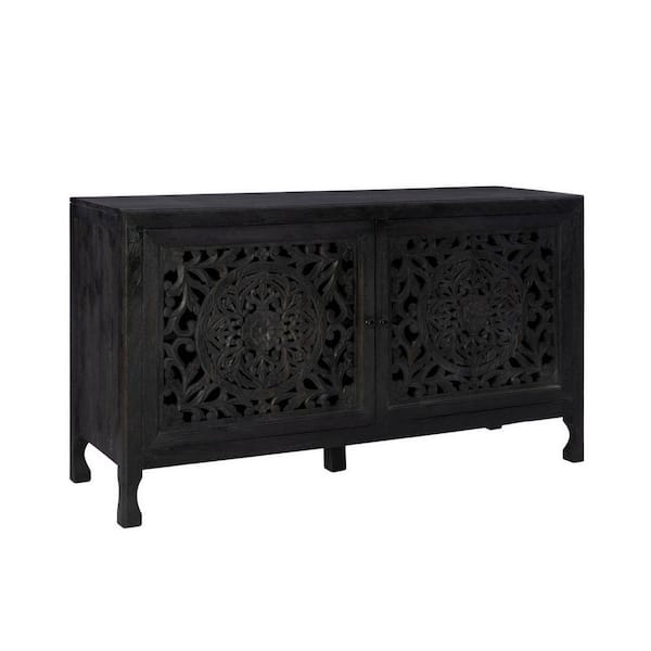 Benjara Black Wood Top 20 in. Sideboard with 2-Door and Carved Mandala Design