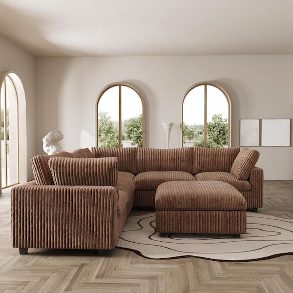 118 in. Rabbit Plush Fabric Square Arm 6-Piece Modular Free Combination Sectional Sofa in. Brown