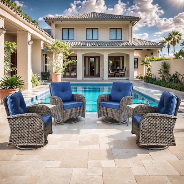 Opohoro Brown 6-Piece Wicker Outdoor Swivel Rockers Patio Conversation Set with Navy Blue Cushions and Side Tables