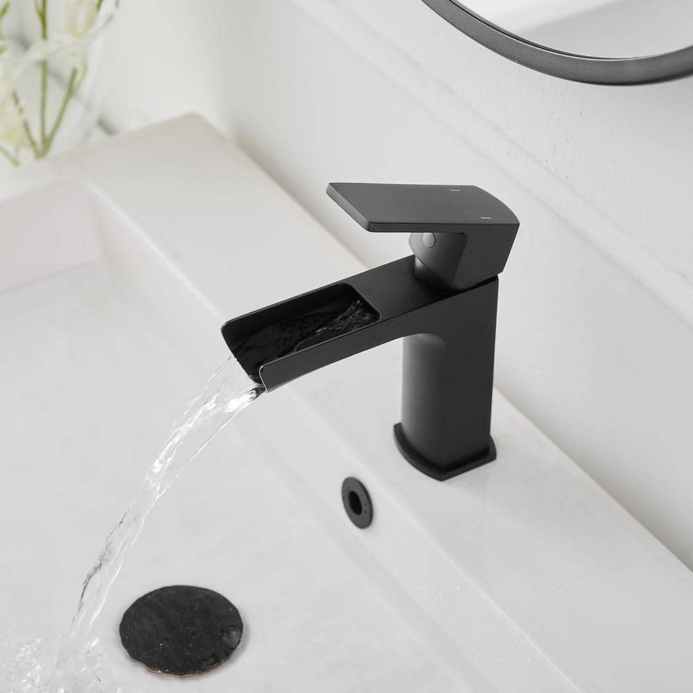 Matte Black Single-Handle Waterfall Bathroom Faucet with Drain Assembly