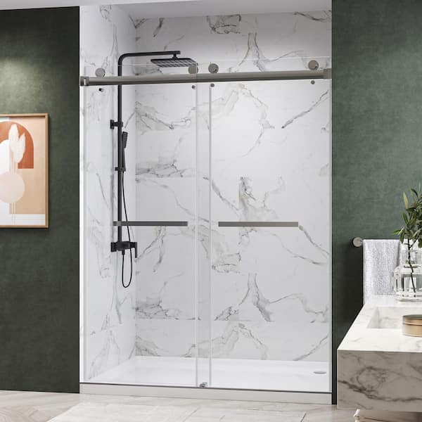 Kobiworks Catalyst 66 in. W x 76 in. H Double Sliding Frameless Shower Door in Chrome with 3/8 in. Clear Glass