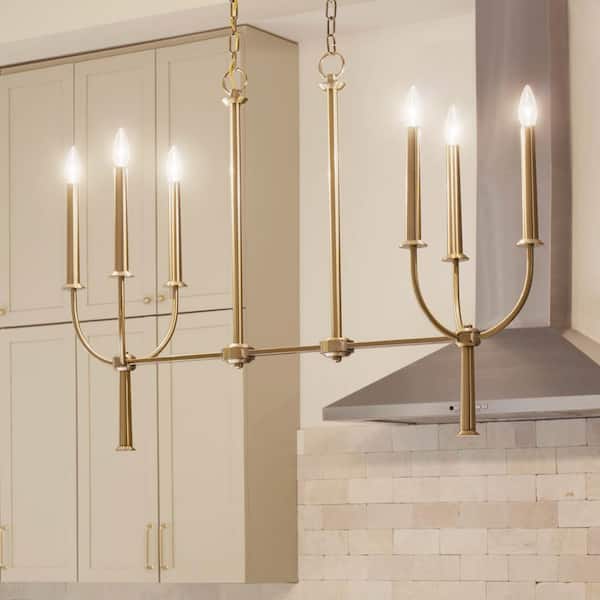Florence 43 in. 6-Light Brushed Natural Brass Traditional Candle Linear Chandelier for Dining Room