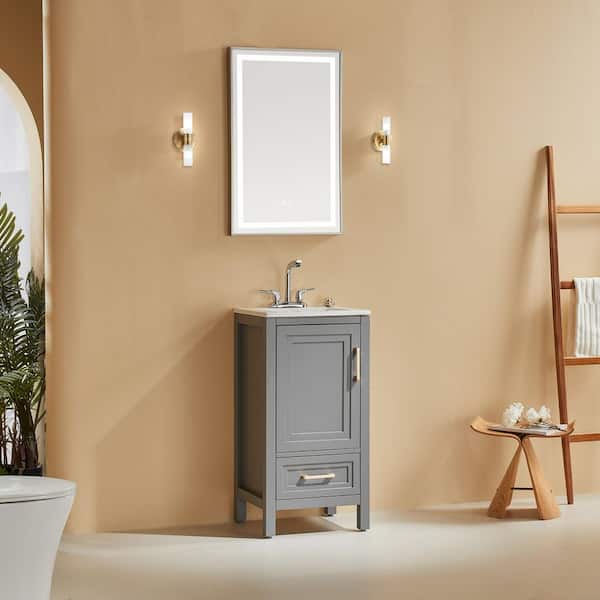 18 in. W Solid Wood Bath Vanity in Gray with White Ceramics Top, Assembled