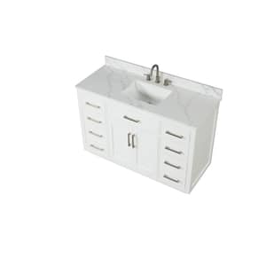 54 in. White Modern Solid Wood Bathroom Vanity with Sink, White Quartz Top, Soft-Close Cabinet, 6 Drawers, Countertop