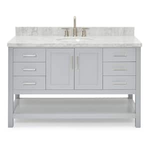 Magnolia 55 in. W x 22 in. D x 36 in. H Bath Vanity in Grey with Carrara Marble Vanity Top in White with White Basin
