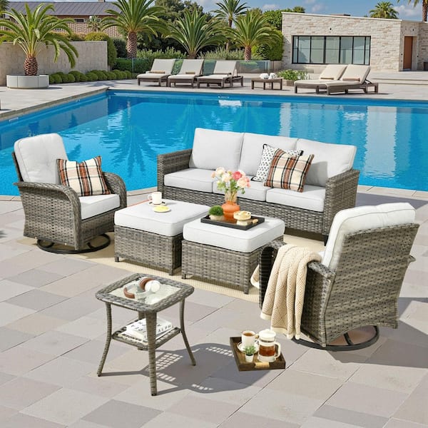 Elysia Gray 6-Piece Wicker Outdoor Sectional Patio Conversation Set with Light Gray Cushions Rocking Chairs and Ottomans