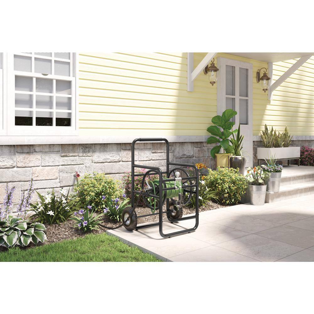 Black Steel Manual Crank Hose Reel Cart with Flat-Free Tires