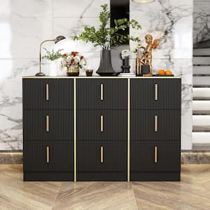 Black 9-Drawer 47.3 in. Width Chest of Drawers, Dresser without Mirror with Golden Line and Waven Surface Design