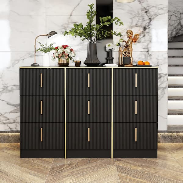 FUFU&GAGA Black 9-Drawer 47.3 in. Width Chest of Drawers, Dresser without Mirror with Golden Line and Waven Surface Design