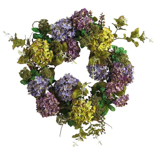 Nearly Natural 24 in. Artificial Mixed Hydrangea Silk Plant Wreath