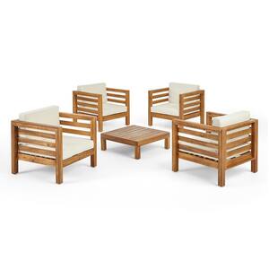 Oana Teak Brown 5-Piece Wood Patio Conversation Seating Set with Beige Cushions