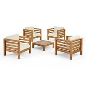 Oana Teak Brown 5-Piece Wood Outdoor Patio Conversation Seating Set with Beige Cushions