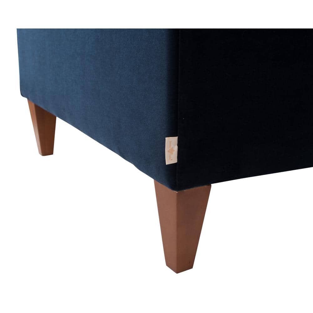 Dark Navy Blue Velvet Tufted Tuxedo Settee with Wood Legs