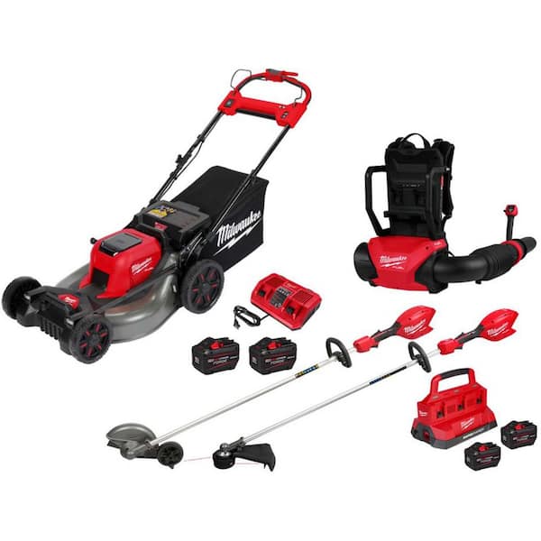 M18 FUEL 21 in. Dual Battery Self-Propelled Mower w/ Backpack Blower, String Trimmer, Edger, (4) Battery, (2) Charger