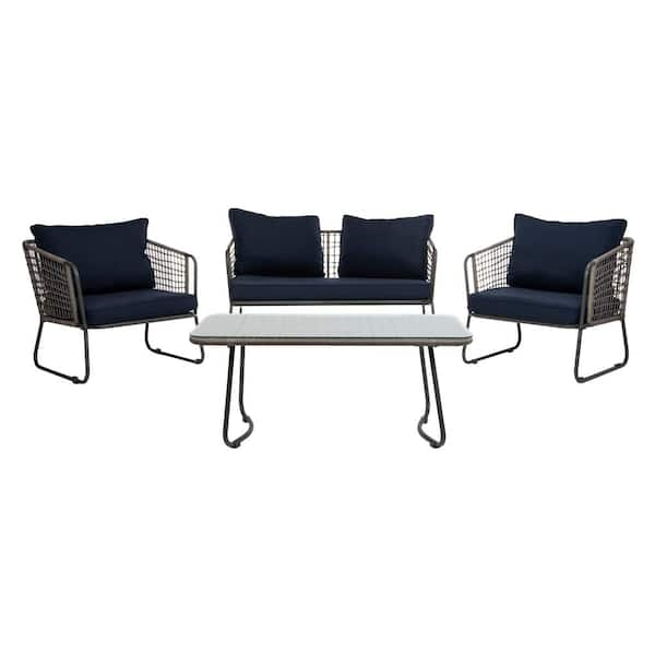 SAFAVIEH Benjin Gray 4-Piece Wicker Patio Conversation Set with Navy Cushions