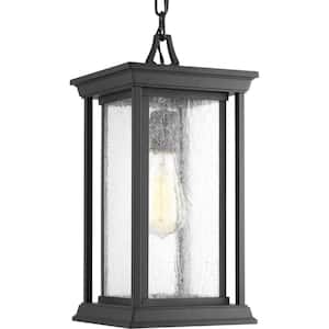 Endicott Collection 1-Light Textured Black Clear Seeded Glass Craftsman Outdoor Hanging Lantern Light