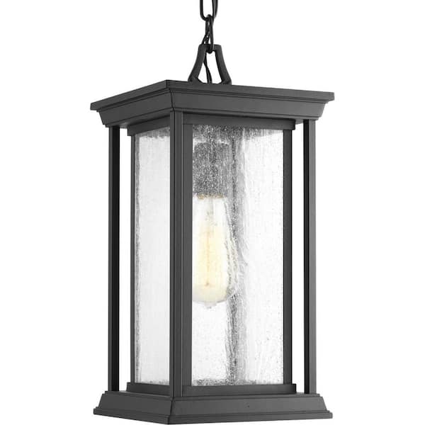 Progress Lighting Endicott Collection 1-Light Textured Black Clear Seeded Glass Craftsman Outdoor Hanging Lantern Light