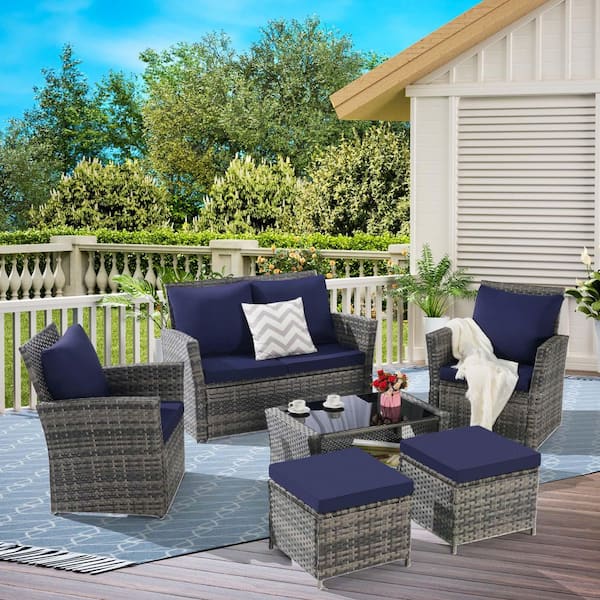 Unbranded 6-Piece Wicker Patio Furniture Set with Ottoman and Tempered Glass Coffee Table, Dark Blue Cushions