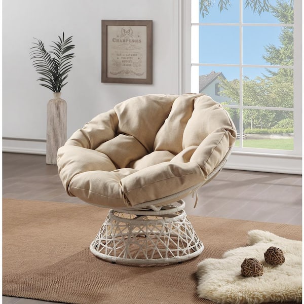 OSP Home Furnishings Papasan Chair with Cream Round Pillow Cushion and Cream Wicker Weave