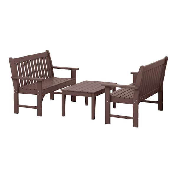 Laguna Outdoor Patio HDPE Plastic Fade Resistant 3-Piece Garden Bench Conversation Set with Coffee Table in Dark Brown