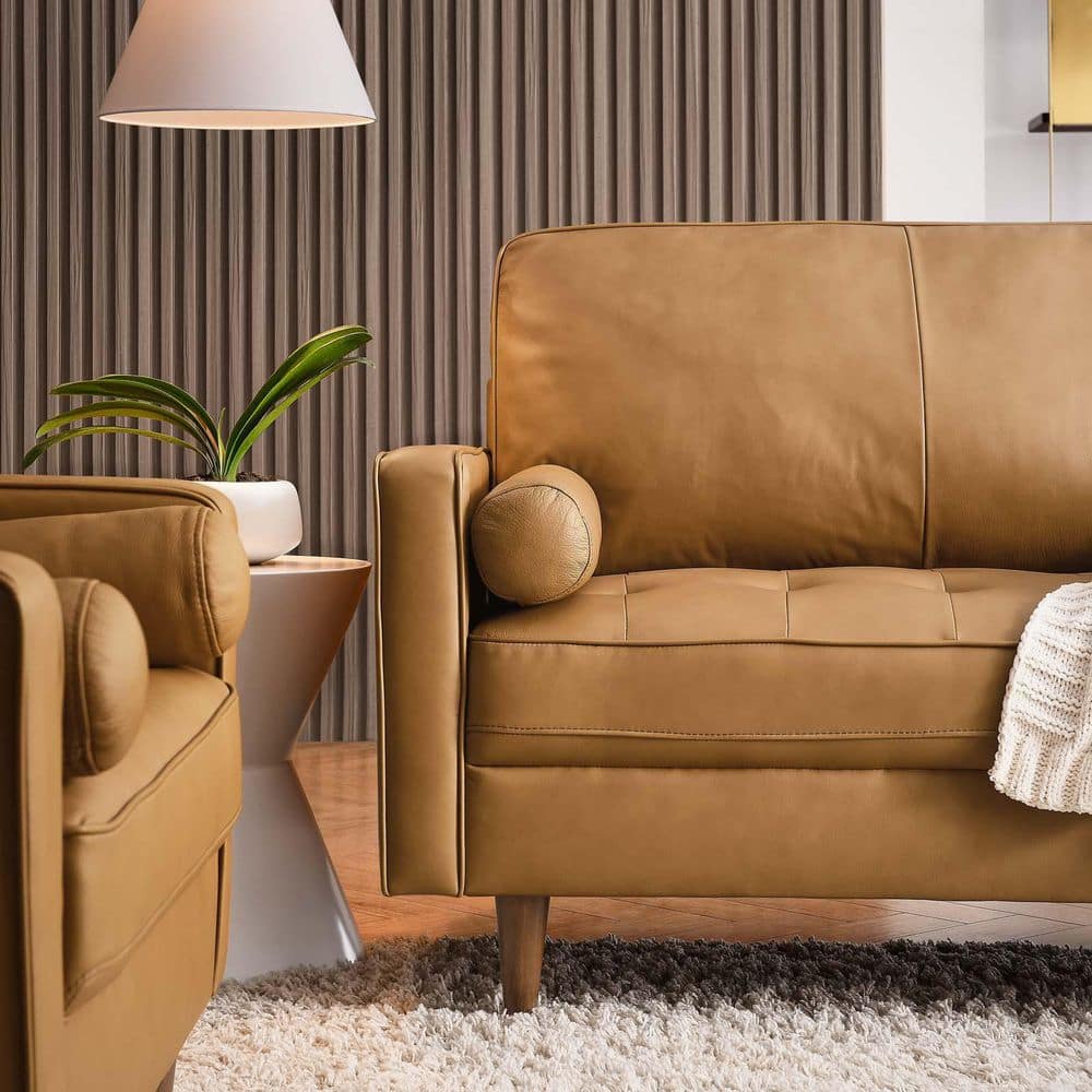 Tan Tufted Leather Sofa with Ottoman and Wood Legs