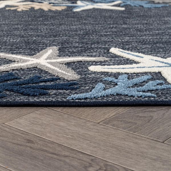 Coastal Border Design Indoor/Outdoor High-Low Textured Area Rug, Coastal Border, Easy-Clean Patio Rug 4' x 6' Navy